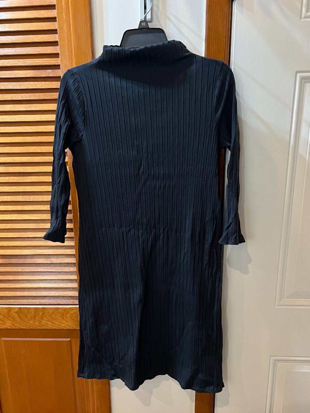 Eileen Fisher Washable Stretch Rib Funnel Neck Dress — S/P — Black/Charcoal